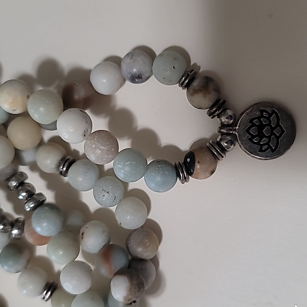 Beautiful Natural Stone and Silver Bead Lotus Charm Necklace - Long and Stretchy - Picture 2 of 5